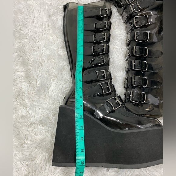 DEMONIA Trinity Clear Vinyl Knee High Platform Boots Buckles Smoke Gray Black 9 - Picture 9 of 14
